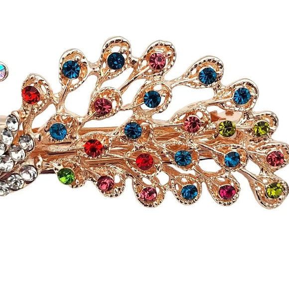 Peacock Colorful Rhinestone Rose Gold Tone Womens Girls Hair Clip - Picture 7 of 10
